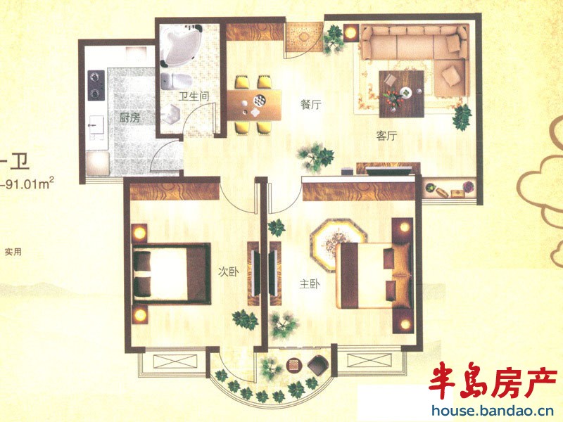 新华锦龙邸 C 2室2厅1卫1厨87.89㎡