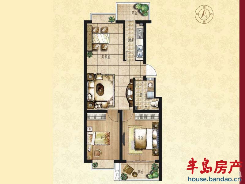 新海园品阁 A户型 听花行 2室2厅1卫86㎡