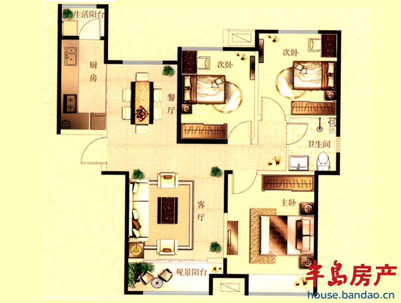 中海清江华府 C2户型 3室2厅1卫1厨87㎡