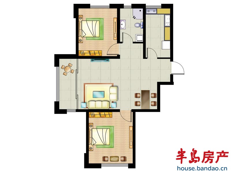 城建桃源山色 90平户型图 2室1厅1卫1厨90㎡