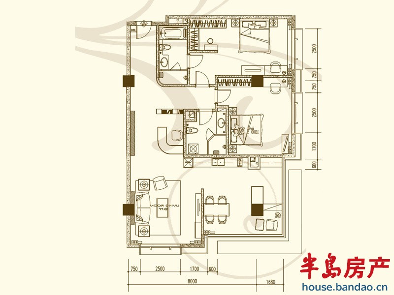 嘉尚青庭服务公寓 西楼11户 2室2厅2卫1厨176.40㎡