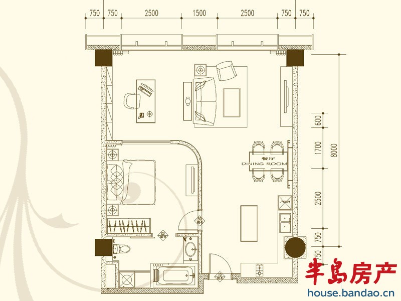 嘉尚青庭服务公寓 西楼12户 1室2厅1卫1厨98.07㎡