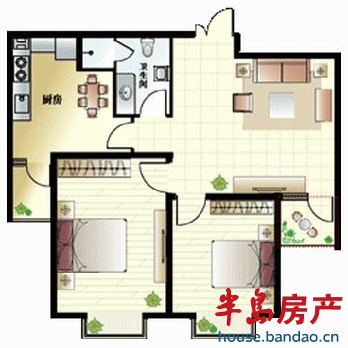 观海华庭 1号楼b户型 2室2厅1卫90.49㎡