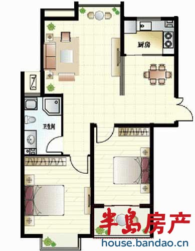 观海华庭 1号楼c户型 2室2厅1卫91.85㎡