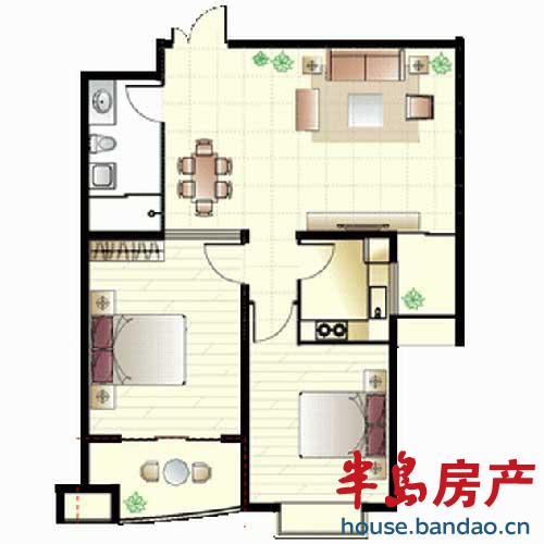 观海华庭 3号楼b1户型 2室2厅1卫92.45㎡