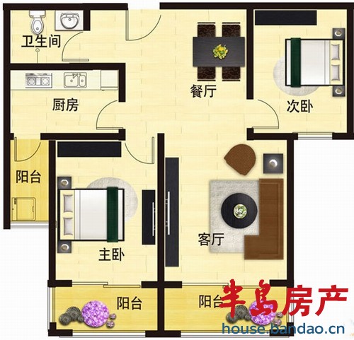 亿路发阳光景园二期 户型－F 2室2厅1卫1厨