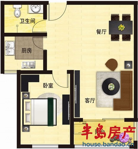 亿路发阳光景园二期 户型-I 1室2厅1卫1厨