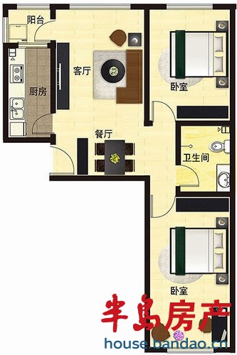 亿路发阳光景园二期 户型－J 2室1厅1卫