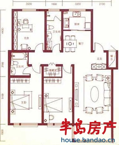 金色国际公寓 户型图N 3室2厅2卫150.38㎡