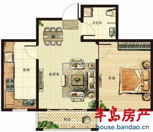 青山绿水 经适房B户型 1室2厅1卫61㎡