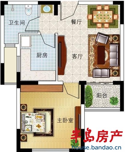 乐客国际公寓 B3户型 1室2厅1卫1厨55.88㎡