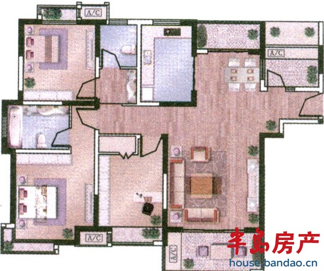 乐客国际公寓 D户型 3室2厅2卫1厨132.30㎡