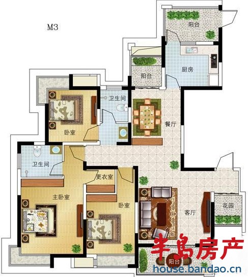 乐客国际公寓 M3户型 3室2厅2卫1厨142.84㎡