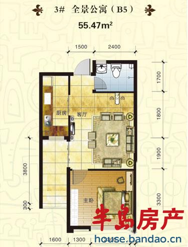 启城福邸 3#宽景公寓B5 1室1厅1卫55.47㎡