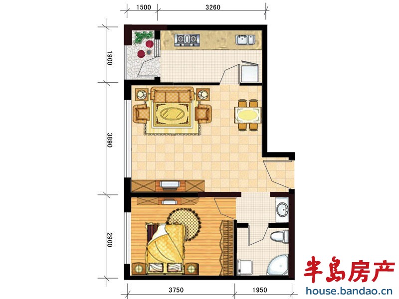 康大凤凰国际 J户型 1室2厅1卫61㎡