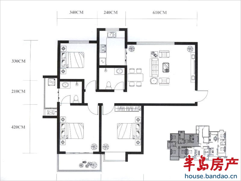 心海壹号标准层C户型  3室1厅2卫1厨 123.00㎡ 