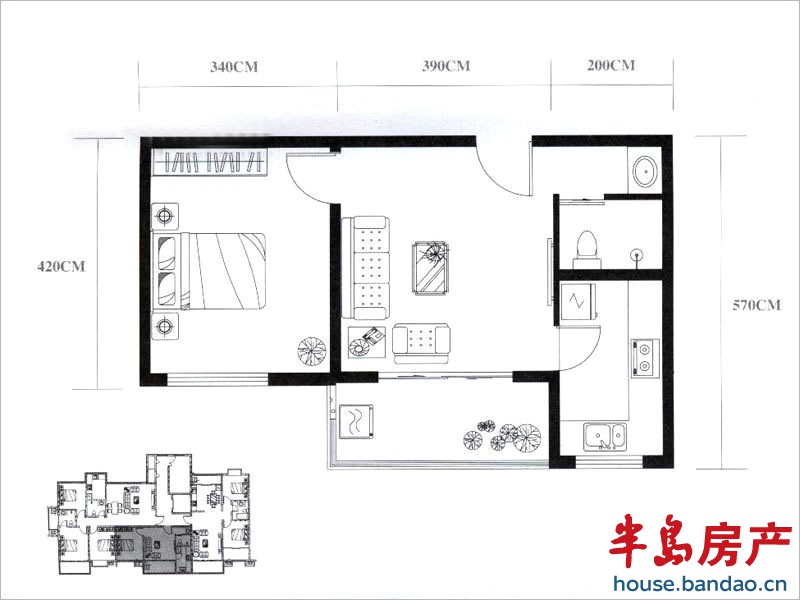 心海壹号标准层A户型  1室1厅1卫1厨 56.00㎡ 