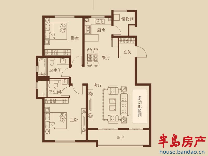 天泰新罗园小高层A户型2室2厅2卫1厨127.00㎡