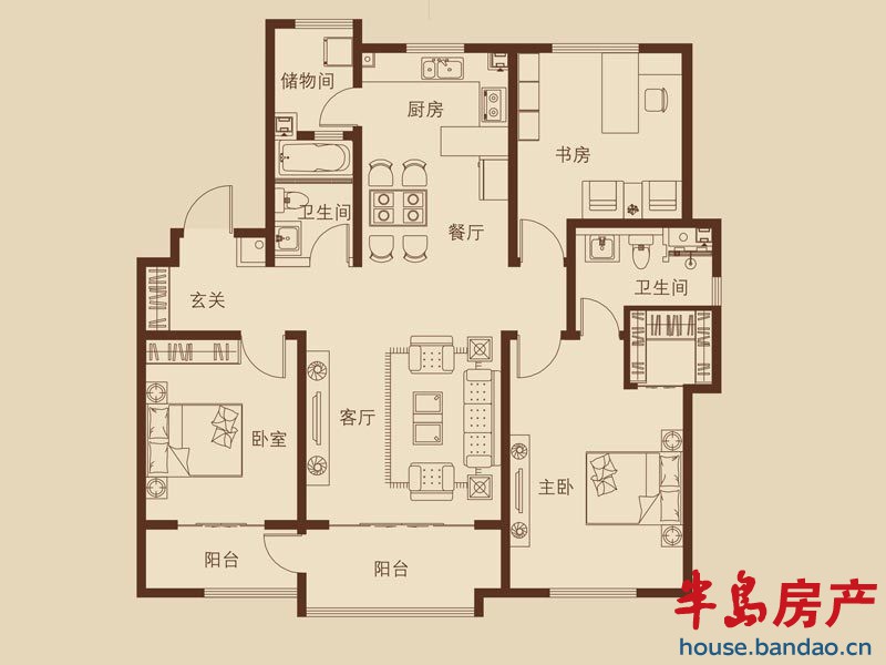 天泰新罗园小高层B户型3室2厅2卫1厨136.00㎡