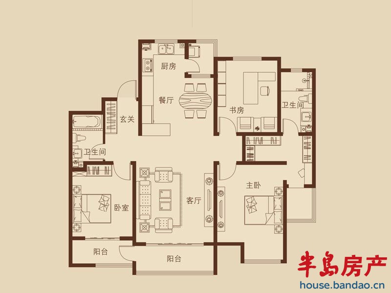 天泰新罗园小高层C户型3室2厅2卫1厨146.00㎡