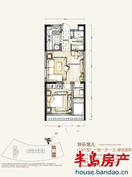 　万科城东京街区1A户型 一室一厅一卫 65㎡ 