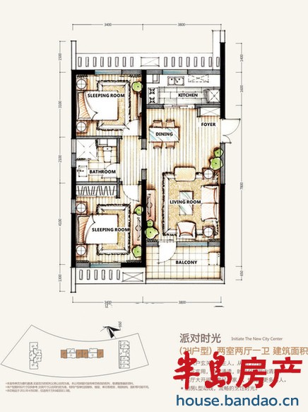 万科城东京街区2H户型 两室两厅一卫 89㎡ 