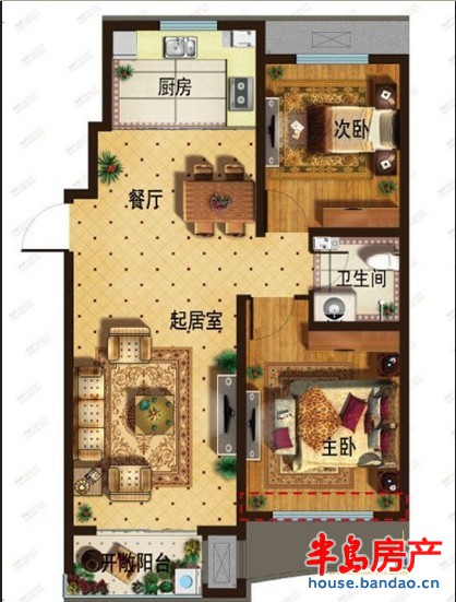 青特城3C1户型2室2厅1卫1厨 83.00㎡