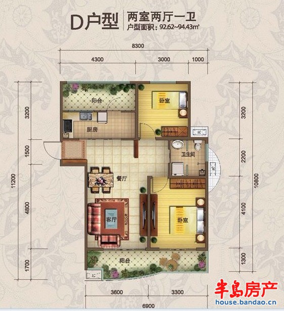 D户型2室2厅1卫1厨 92.62㎡