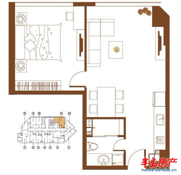 鹏丽南华利源国际公馆2#楼F户型 1室2厅1卫1厨66.60