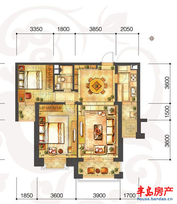 青岛紫檀山A户型2室2厅1卫1厨 110.68㎡