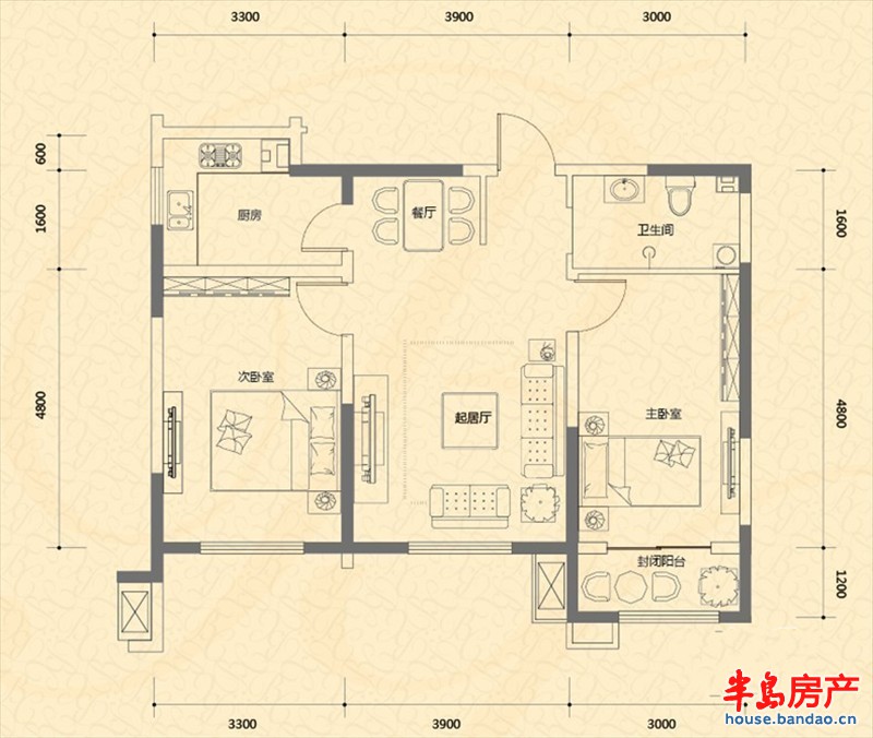 盛世美邦1-D户型户型图2室2厅1卫1厨 92.33㎡