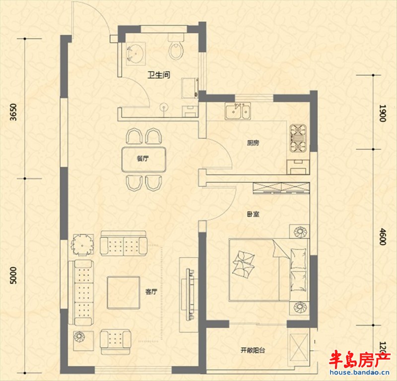 盛世美邦1-C户型户型图1室2厅1卫1厨 64.39㎡