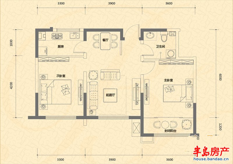 盛世美邦3-D户型户型图2室2厅1卫1厨 86.49㎡