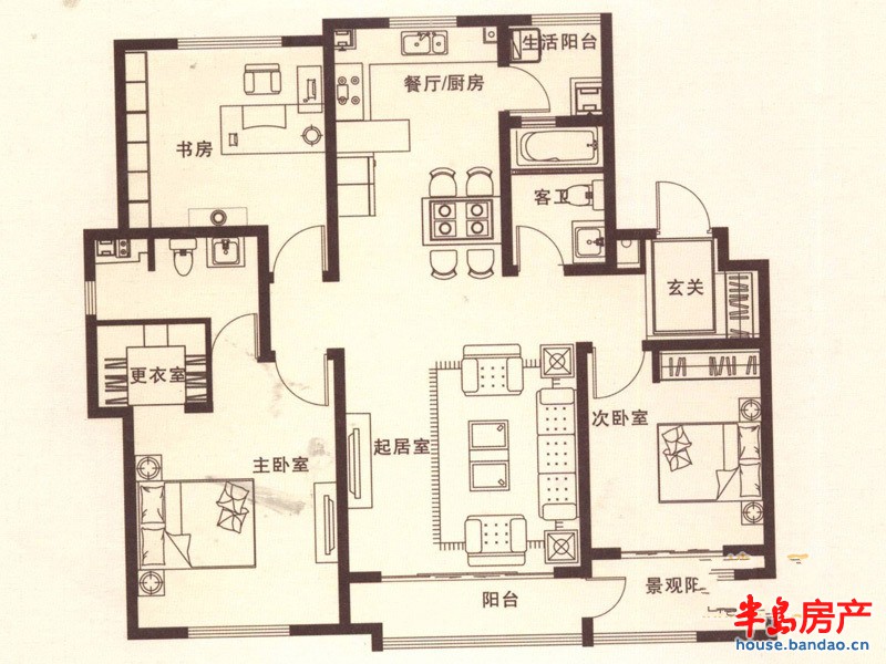 天泰新罗园E1户型3室2厅2卫1厨 127.00㎡