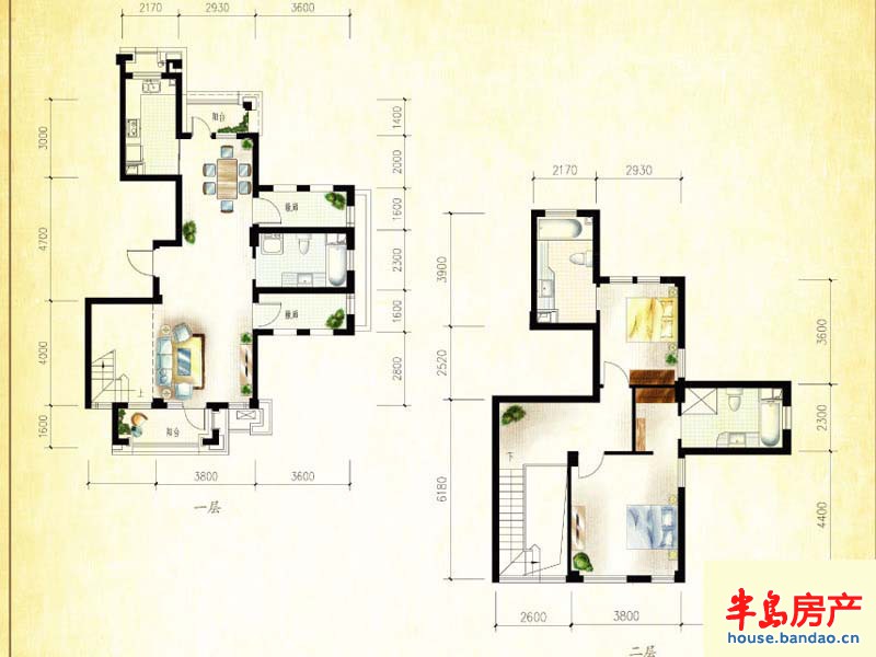 绿城理想之城蓝庭L1户型2室2厅3卫 179