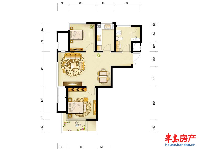 绿城理想之城西子公寓A5户型2室2厅1卫 85.00㎡