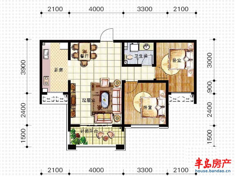 天竺嘉园H户型2室2厅1卫1厨 88