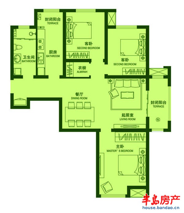 春光山色三期E户型户型图3室2厅1卫1厨 125.00㎡