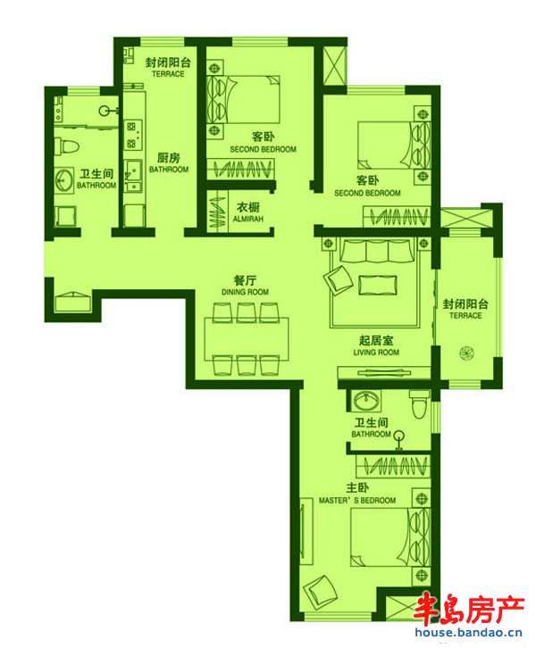 春光山色三期D户型户型图3室2厅1卫1厨 131.00㎡