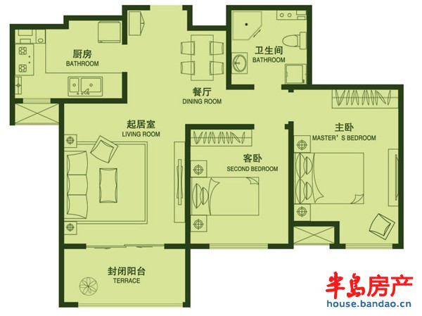 春光山色三期C户型户型图2室2厅1卫1厨 94.00㎡