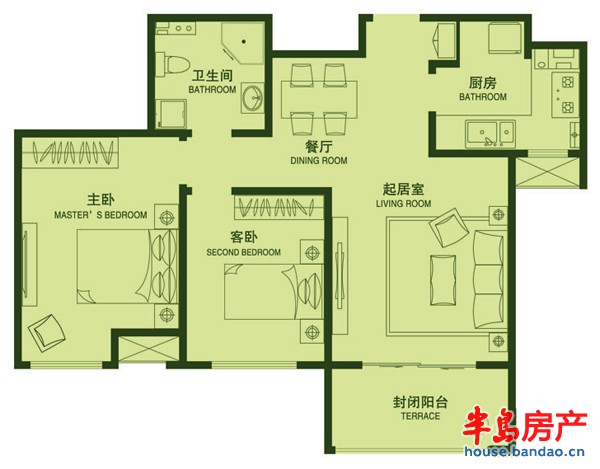 春光山色三期B户型户型图2室2厅1卫1厨 94.00㎡