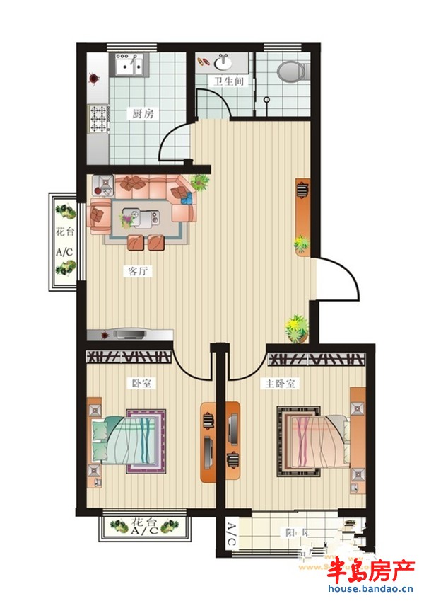 星火阳光四季三期25、26#楼A户型图2室1厅1卫1厨 78.53㎡