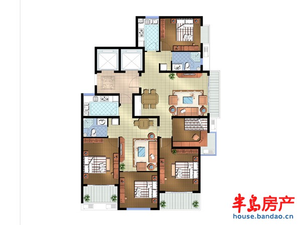 联城海岸锦城锦绣园09-D+E户型5室2厅2卫2厨 168.00㎡