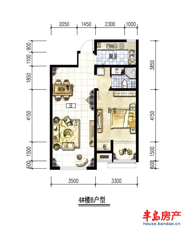 联城海岸锦城锦绣园B户型1室2厅1卫1厨 75.00㎡