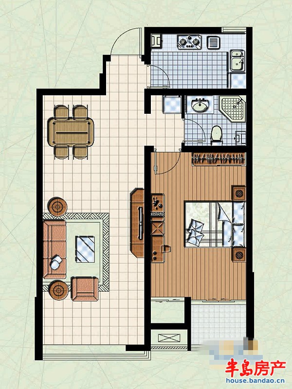 联城海岸锦城锦绣园B户型1室2厅1卫1厨 80.00㎡