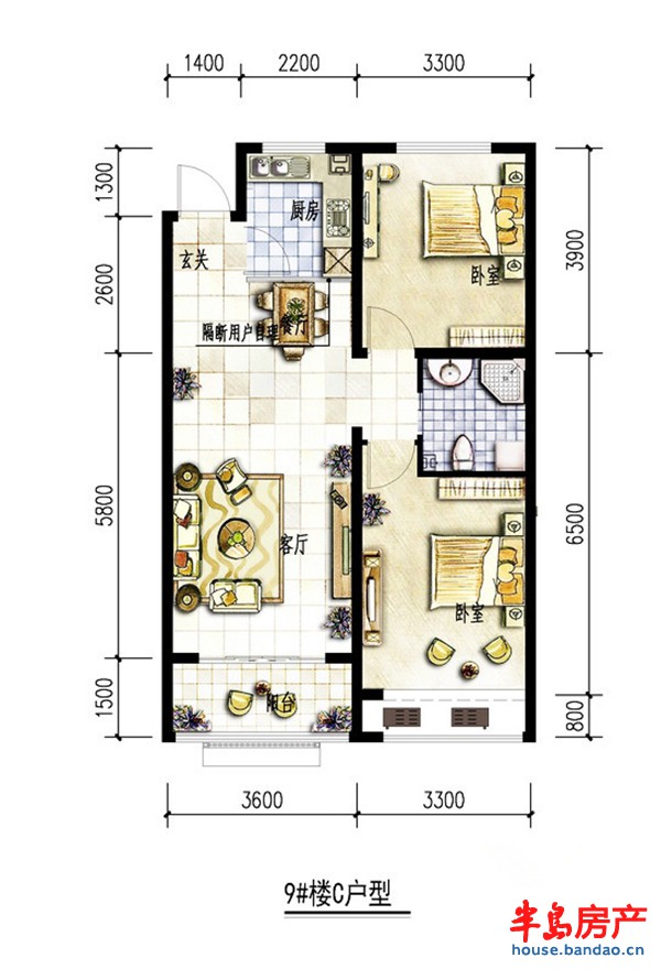 联城海岸锦城锦绣园C2户型2室2厅1卫1厨 92.00㎡
