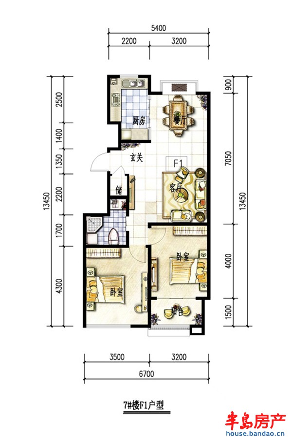 联城海岸锦城锦绣园C户型2室2厅1卫1厨 90.00㎡