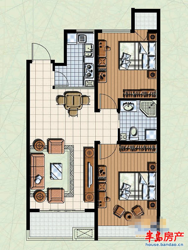 联城海岸锦城锦绣园D1户型2室2厅1卫1厨 88.00㎡