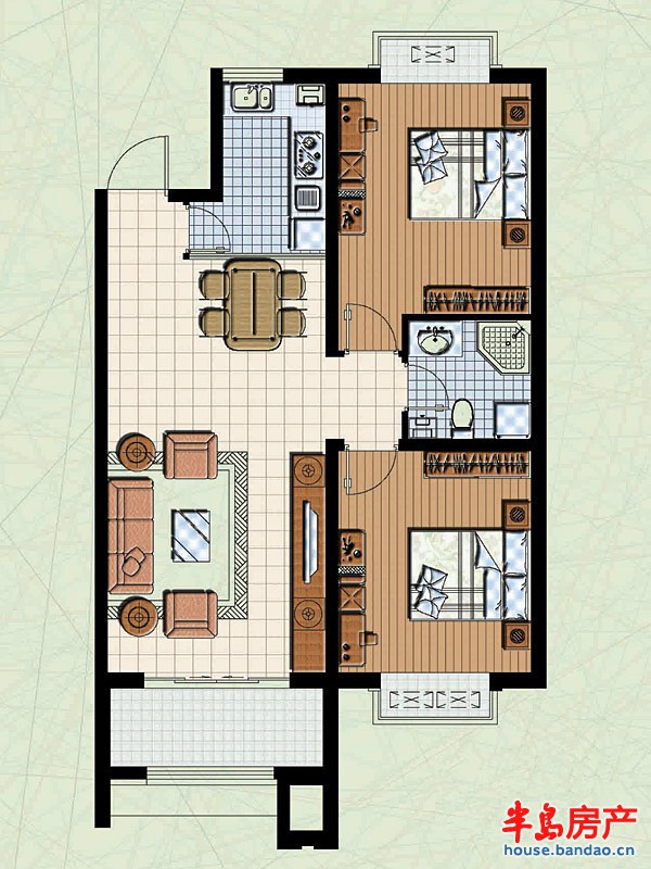 联城海岸锦城锦绣园D2户型2室2厅1卫1厨 93.00㎡