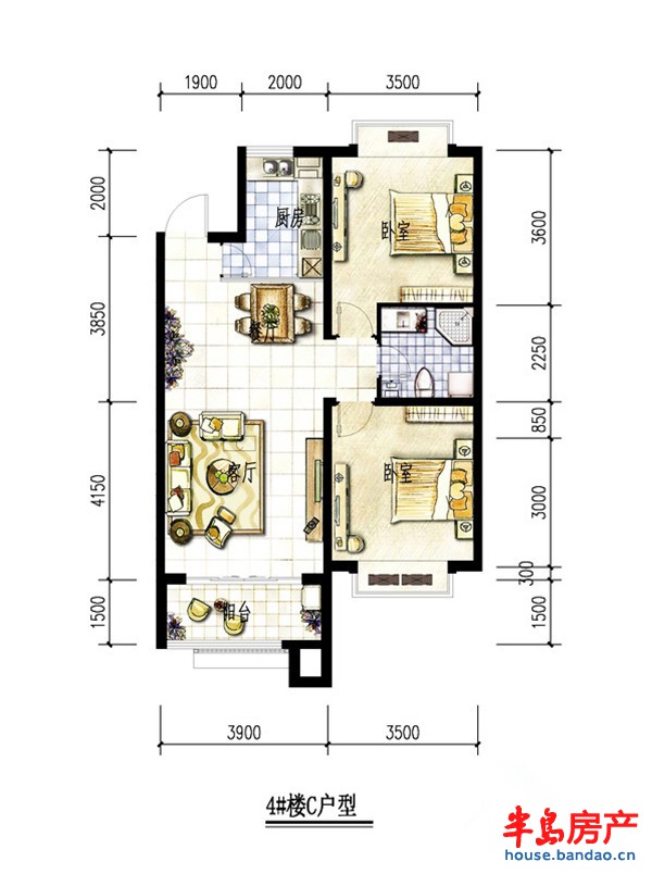 联城海岸锦城锦绣园D2户型2室2厅1卫1厨 94.00㎡
